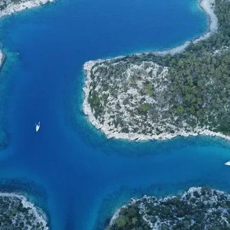 Aerial view of a winding lagoon